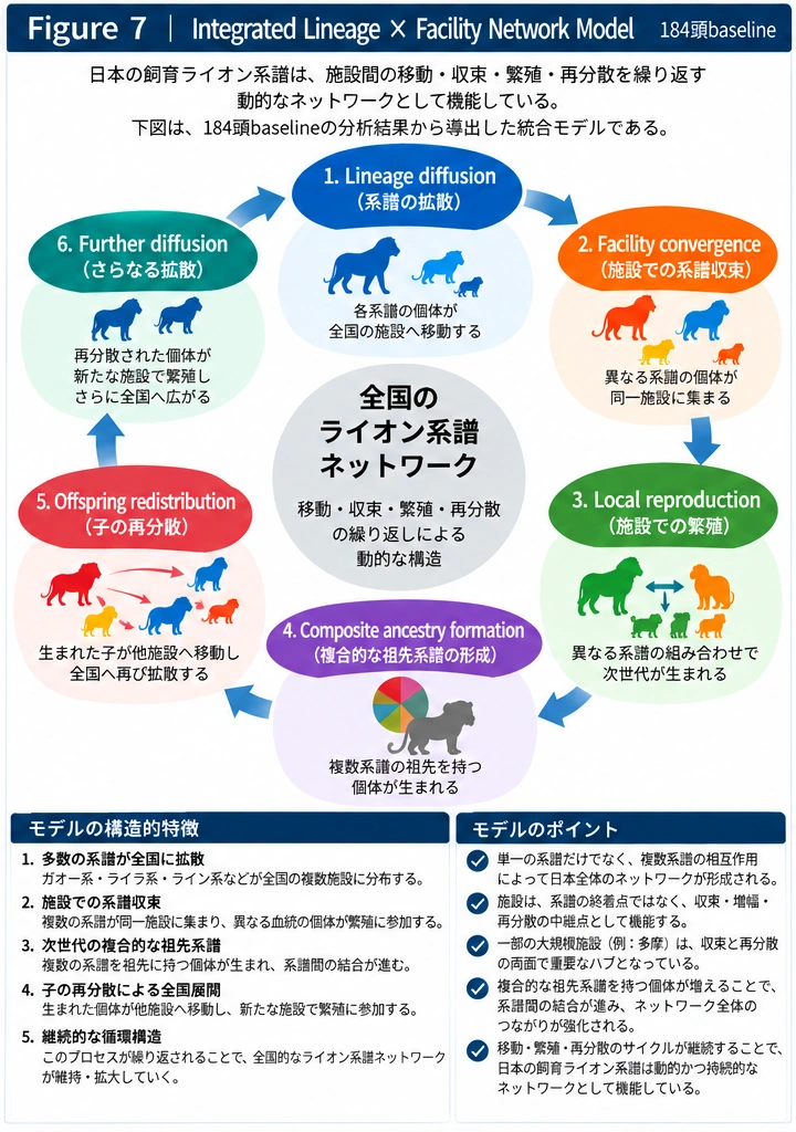 系譜拡散、施設集積、繁殖、複合祖先形成、再分散の循環を統合した概念モデル。